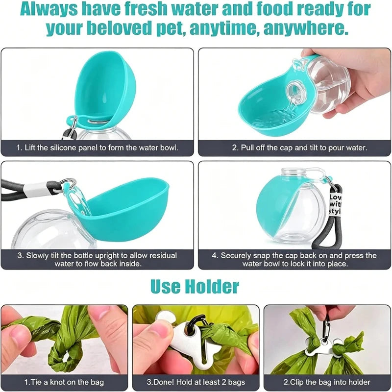 Four steps showing how to open the bowl, pour water, tip the rest back in and clip the lid shut