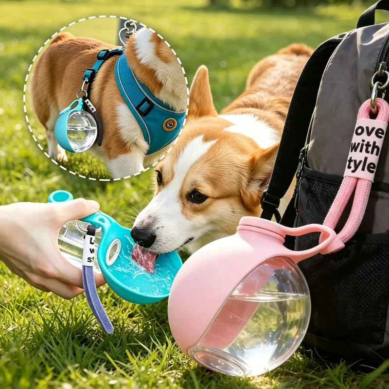 Dog drinking from the flip-out silicone trough of the travel water bottle