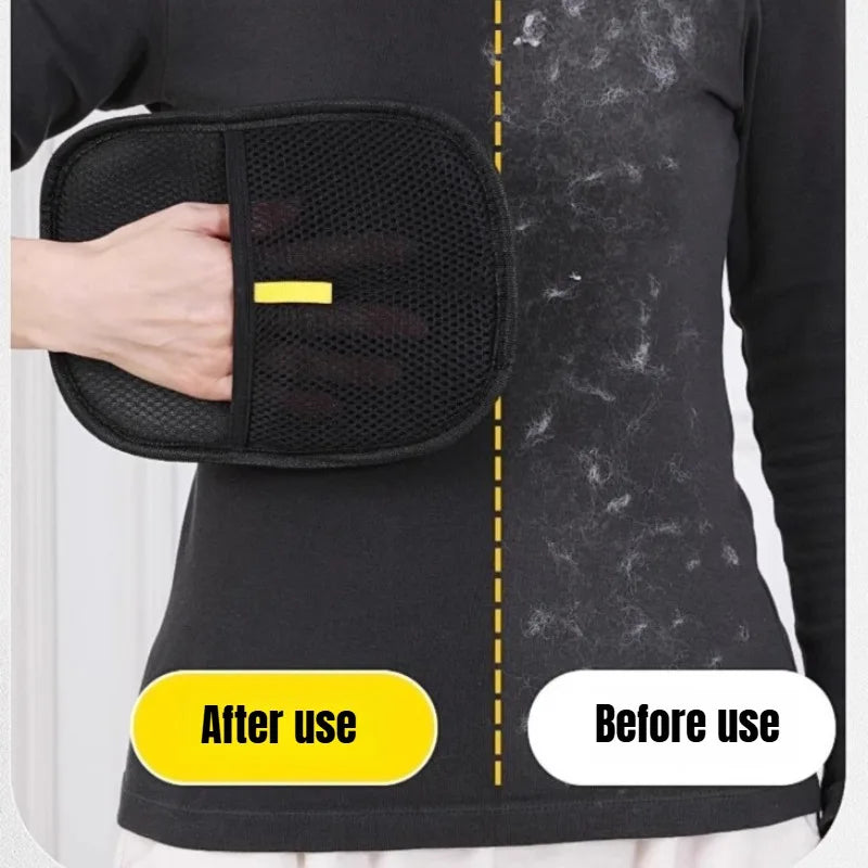 Before and after: pet hair lifted off a black top using the reusable hair remover mitt