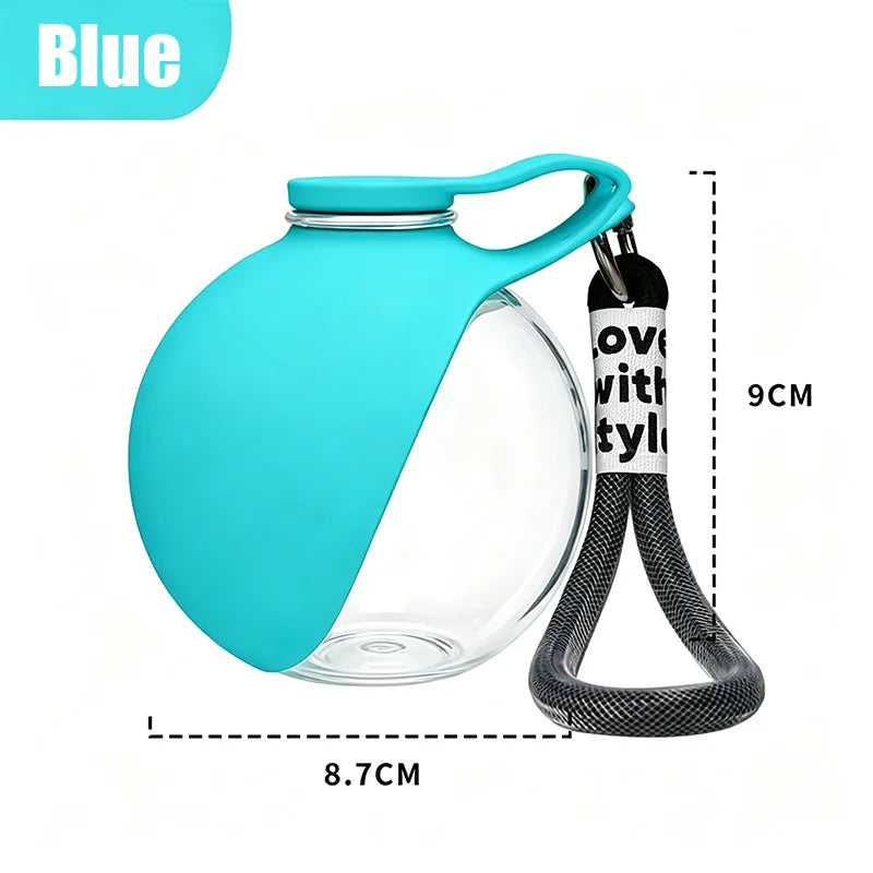 Blue Kelpie Road travel water bottle for dogs, 9cm tall and 8.7cm wide, with wrist lanyard