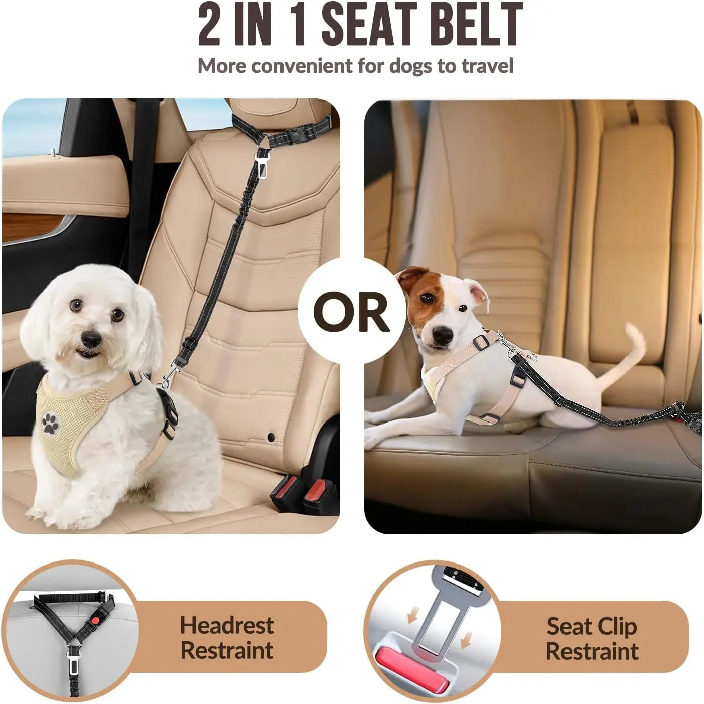 The tether used two ways: looped over the headrest, or clipped into the seat belt buckle