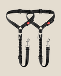 Two black reflective dog car seat-belt tethers with bungee section, seat belt tongue and swivel clip