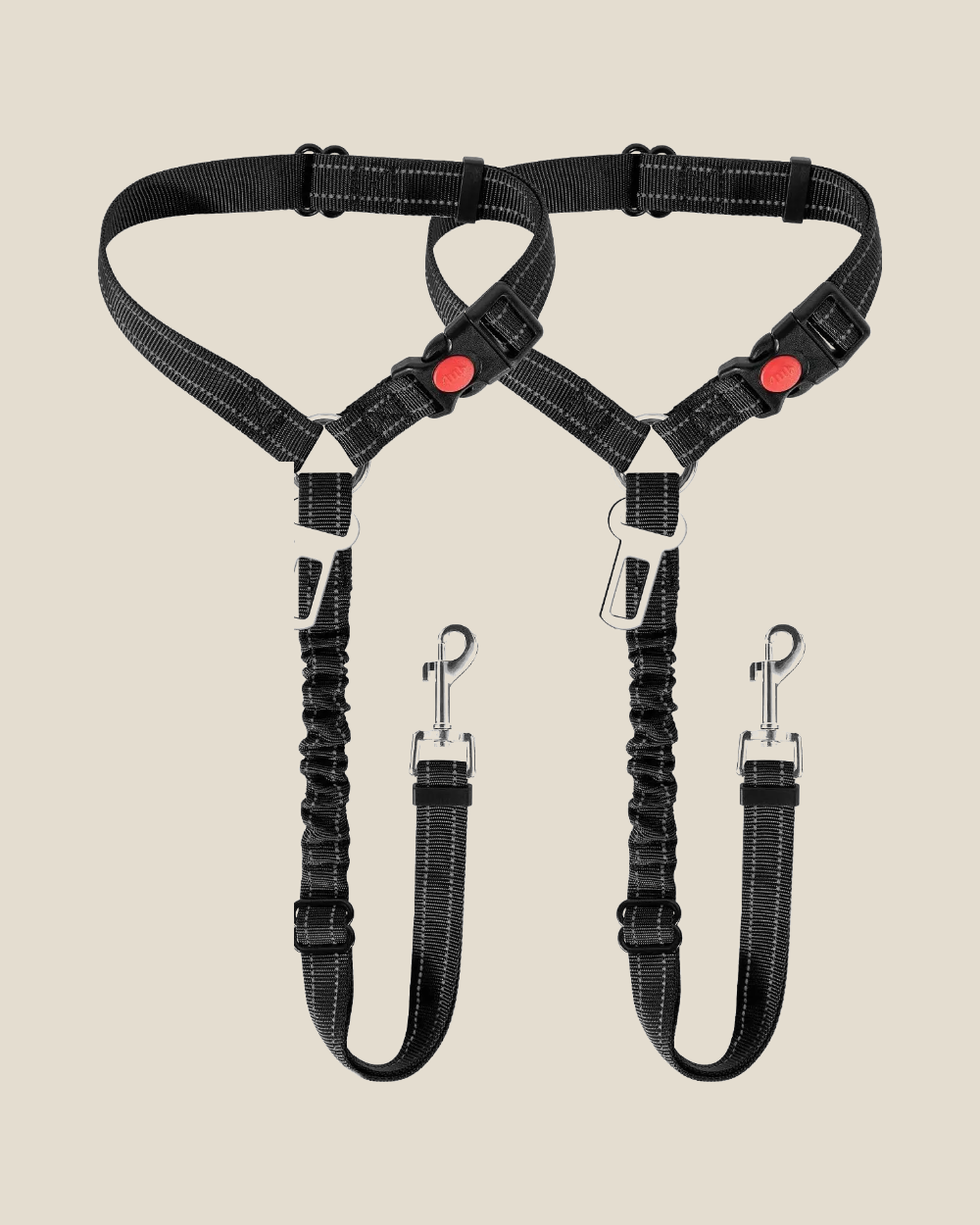 Two black reflective dog car seat-belt tethers with bungee section, seat belt tongue and swivel clip